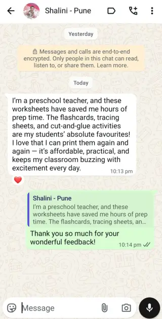 WhatsApp message from Shalini in Pune, a preschool teacher